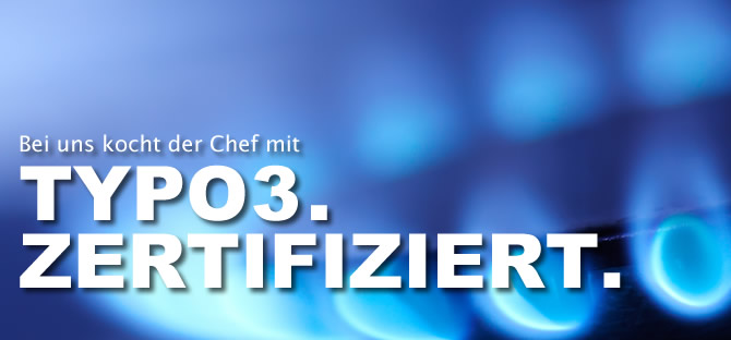 Illustration zu TYPO3 mit Aufschrift: Bei uns kocht der Chef mit TYPO3. Zertifiziert.