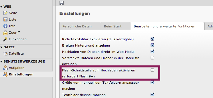 Bildschirmausschnitt TYPO3 CMS - Modul Benutzerwerkzeuge - Einstellungen