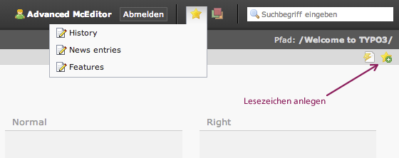 Bildschirmausschnitt TYPO3-Backend - Lesezeichen erstellen