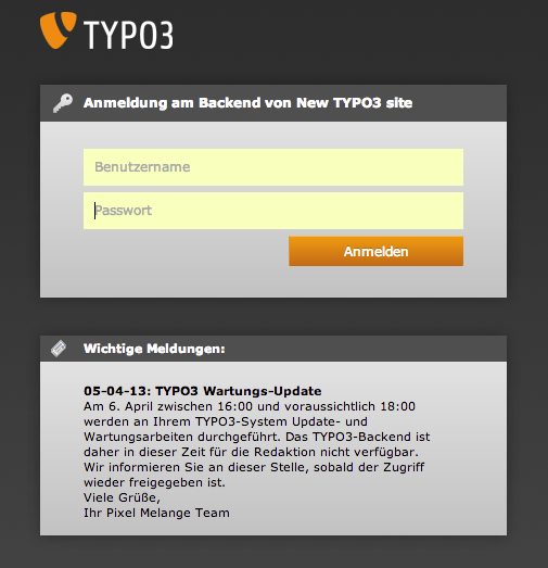 Bildschirmausschnitt TYPO3 CMS - Login-Bildschirm