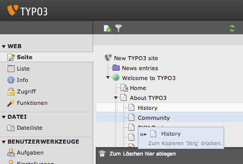 Bildschirmausschnitt TYPO3 CMS - Drag und Drop im Seitenbaum