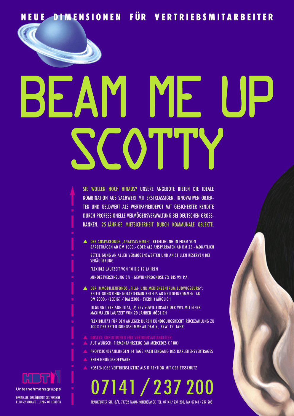 Abbildung Anzeige, Slogan: Beam me up Scotty