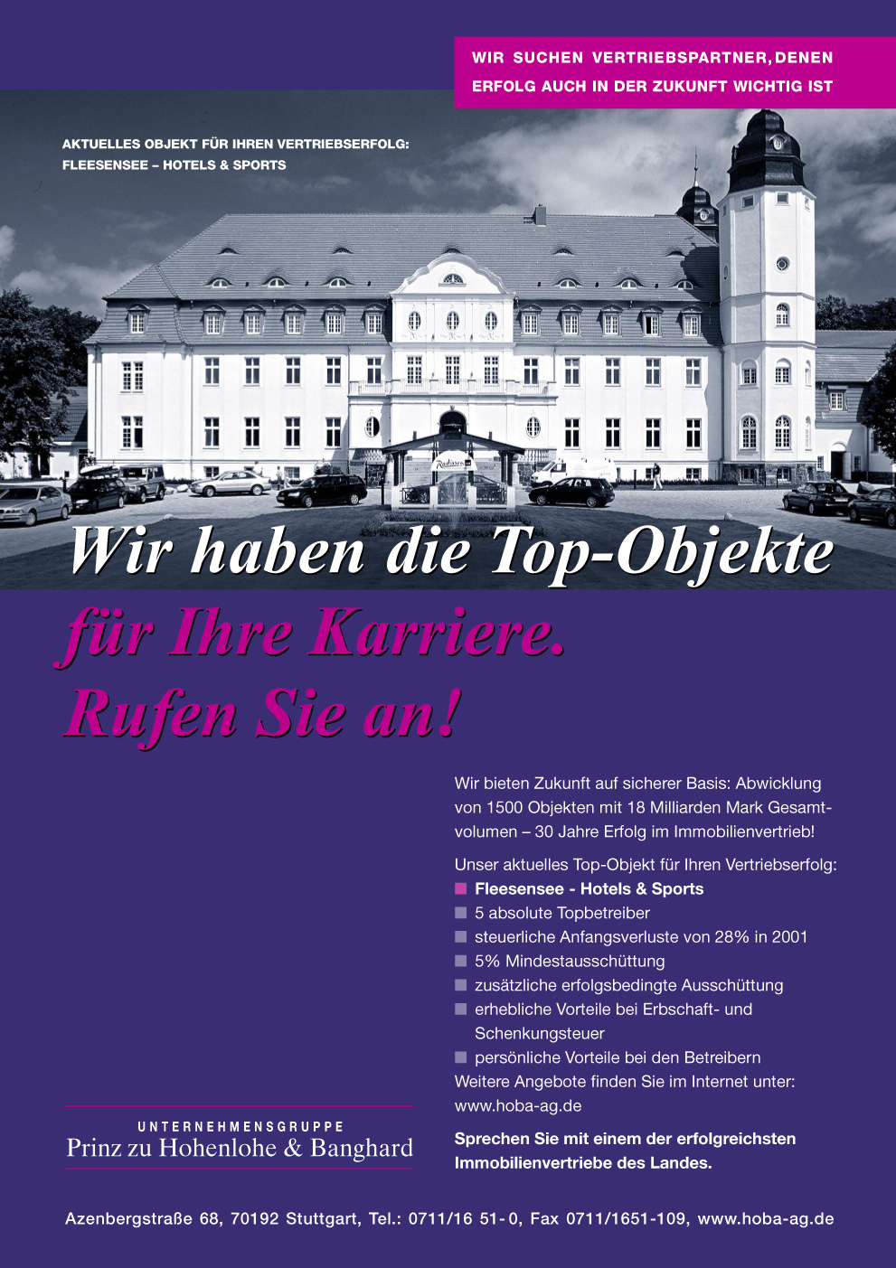 Objekt-Anzeige Abbildung Schloss, Slogan: Wir haben die Top-Objekte für Ihre Karriere. Rufen Sie an!