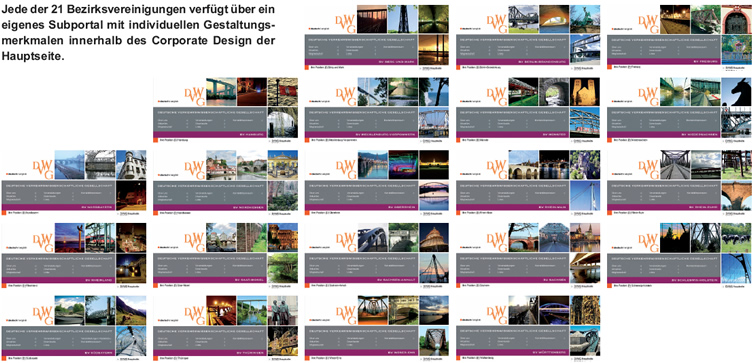 Abbildung alle Bezirksvereinigungs-Websites mit ihren unterschiedlichen Seitenkopf-Motiven