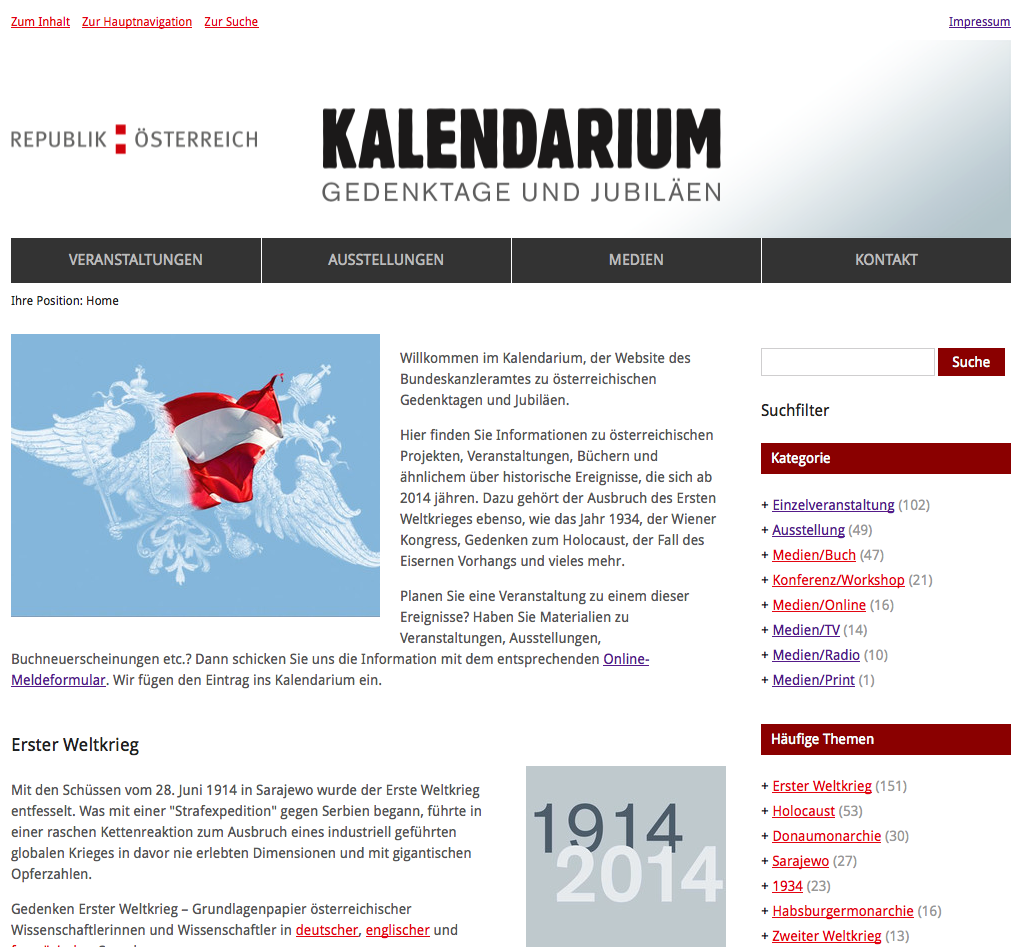 Webdesign Startseite TYPO3-Projekt Kalendarium.gv.at