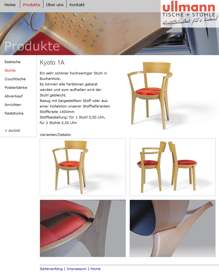 Detailseite für den Stuhl Kyoto mit einem Hauptbild und vier Detailbildern