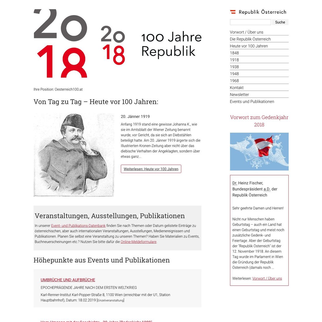 Screenshot der Startseite der Website 100 Jahre Republik