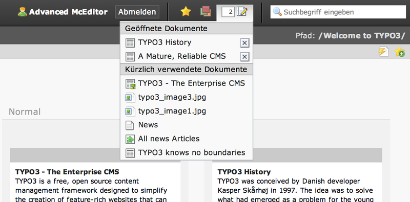 Bildschirmausschnitt TYPO3 CMS - geöffnete und kürzlich verwendete Dokumente