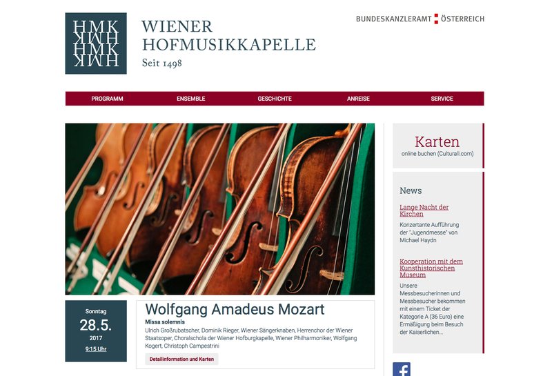 Screenshot der Startseite der Website der Wiener Hofmusikkapelle