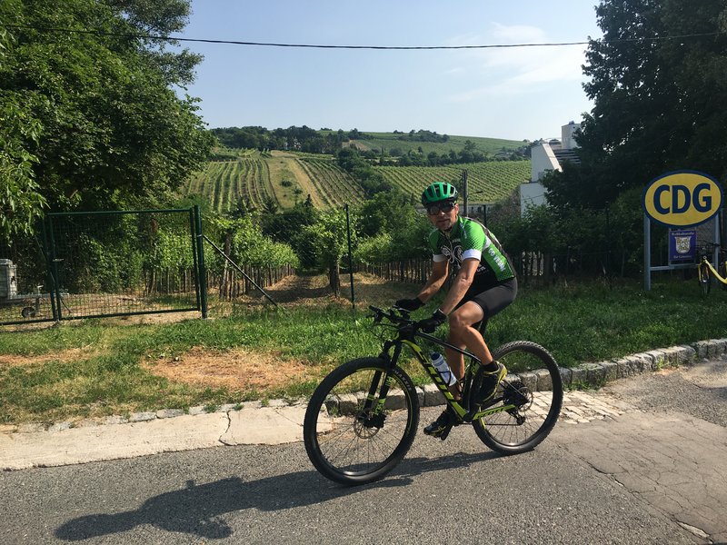 Jürgen Bartl auf einem Mountainbike, im Hintergrund die Grinzinger Weinberge