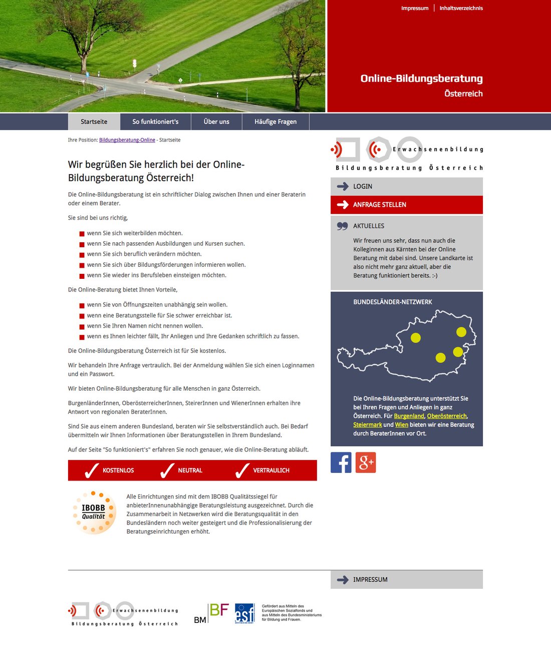 Screenshot Webdesign der Bildungsberatung-Online Homepage