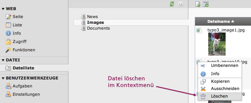 Bildschirmausschnitt TYPO3 CMS - Modul Dateiliste und Kontextmenü