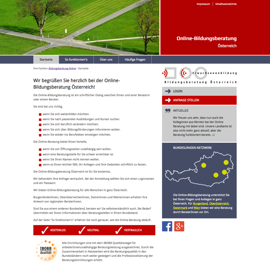 Screenshot Startseite TYPO3-Projekt Online-Bildungsberatung