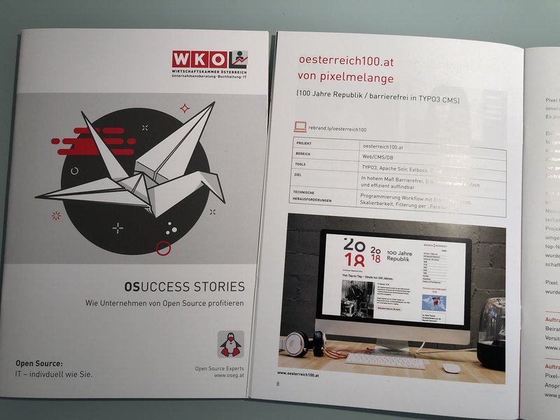 Broschüre OSuccess Stories, Deckblatt und Seite Österreich100