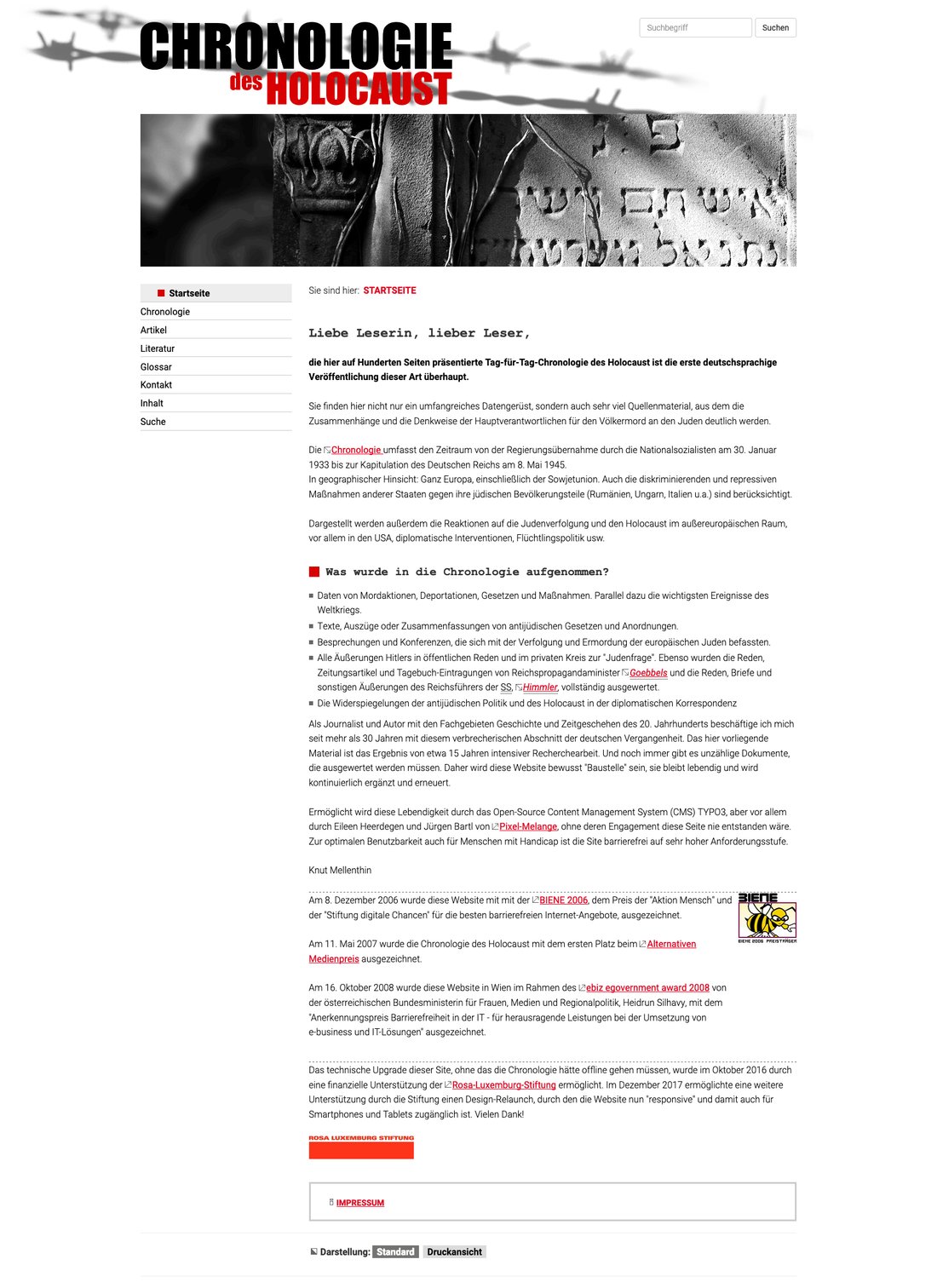 Webdesign Startseite der Chronologie des Holocaust