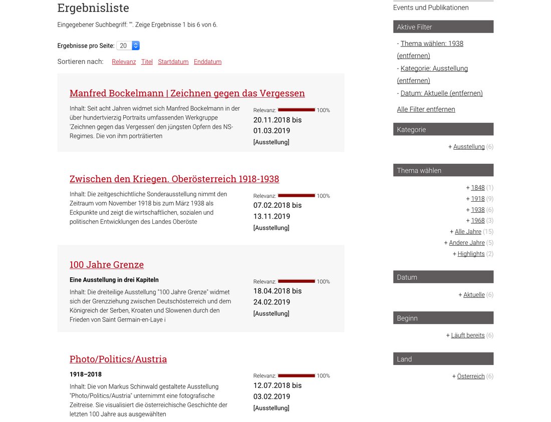 Screenshot Filterkriterien zur Eventauswahl